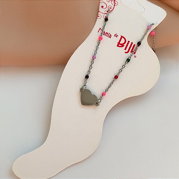 TORNOZELEIRA BOLINHAS COLORIDAS E CORAÇÃO LISO AÇO 316L⭐️