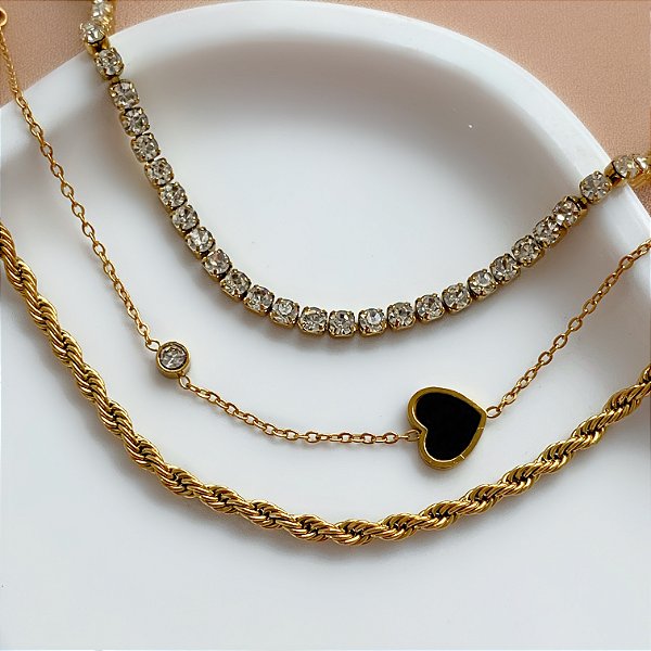 PULSEIRA KIT STRASS, CORAÇÃO E CORDÃO BAIANO DOURADO AÇO 316L⭐️