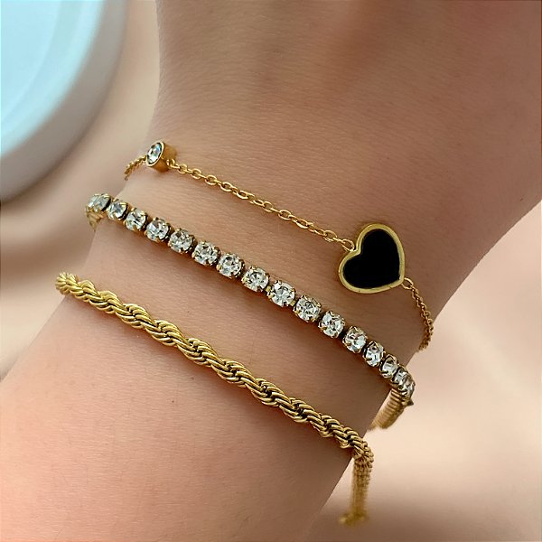 PULSEIRA KIT STRASS, CORAÇÃO E CORDÃO BAIANO DOURADO AÇO 316L⭐️