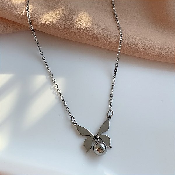 COLAR PINGENTE BORBOLETA E BOLINHA LISA AÇO 316L PREMIUM⭐️
