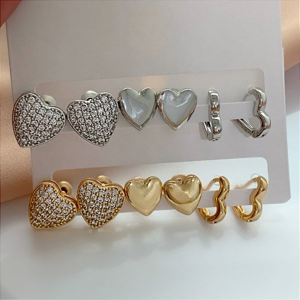 BRINCO KIT CORAÇÕES LISOS E ZIRCÔNIAS LÍVIA BIJU