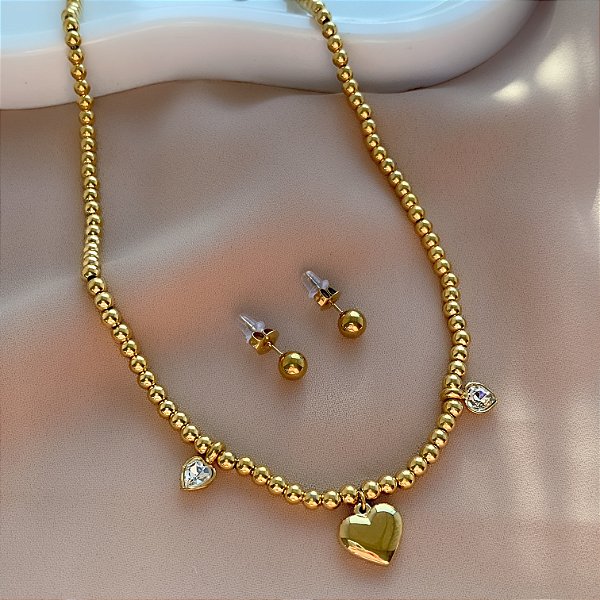 COLAR E BRINCO KIT CORRENTE BOLINHAS PINGENTE CORAÇÃO LISO DOURADO AÇO 316L PREMIUM⭐️