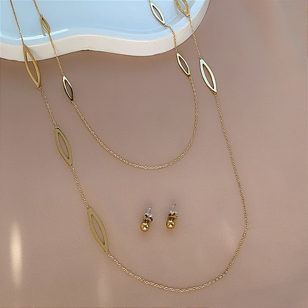 COLAR E BRINCO KIT DETALHE FORMATO FOLHA VAZADA DOURADO AÇO 316L PREMIUM⭐️