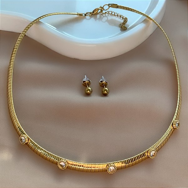 COLAR E BRINCO KIT ARO ACHATADO ZIRCÔNIAS DOURADO AÇO 316L PREMIUM⭐️
