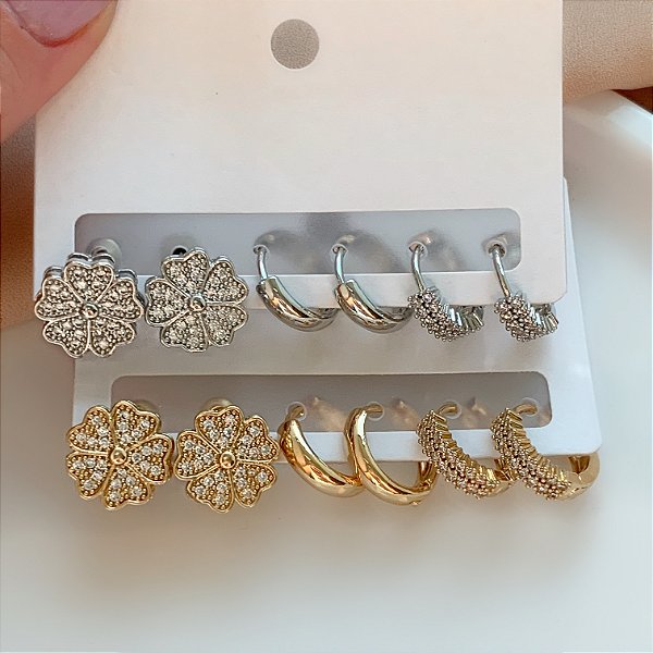 BRINCO KIT ARGOLINHAS E TREVO ZIRCÔNIAS KÉSIA BIJU