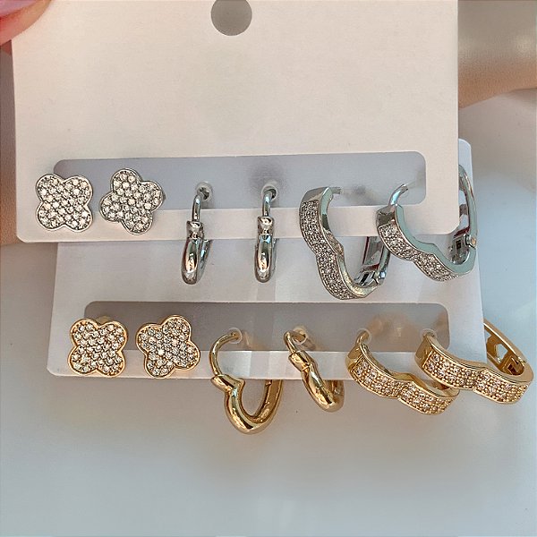 BRINCO KIT ARGOLINHAS CORAÇÕES E TREVO ZIRCÔNIAS NATH BIJU