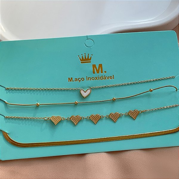 COLAR KIT CHOKER FITA FINA E CORAÇÕES LÍA DOURADO AÇO 316L PREMIUM⭐️