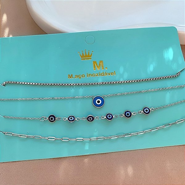 COLAR KIT CHOKER CORRENTES OLHO GREGO IZA AÇO 316L PREMIUM⭐️