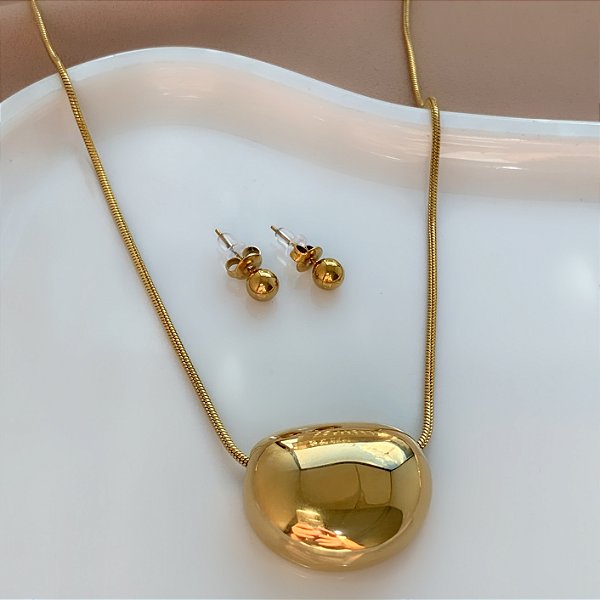 COLAR E BRINCO KIT PINGENTE ORGÂNICO BOLEADO DOURADO AÇO 316L PREMIUM⭐️