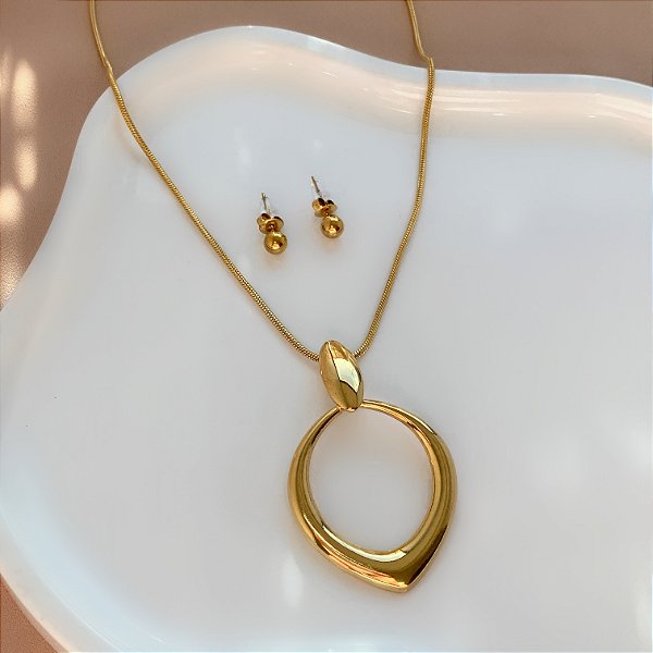 COLAR E BRINCO KIT PINGENTE GOTA VAZADA BOLEADA DOURADO AÇO 316L PREMIUM⭐️