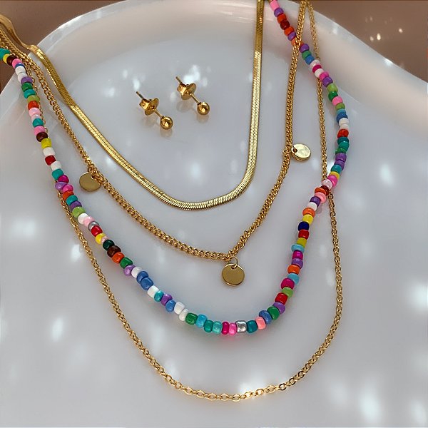 COLAR E BRINCO KIT CORRENTES DIVERSAS MIÇANGAS COLORIDAS DOURADO AÇO 316L PREMIUM⭐️