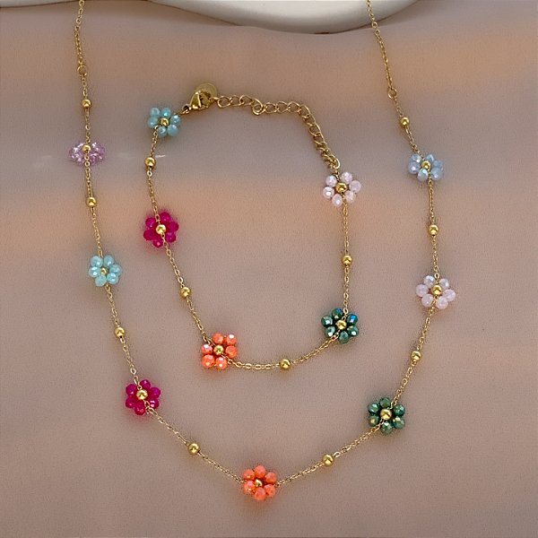 COLAR E PULSEIRA KIT FLORZINHAS CRISTAIS COLORIDOS DOURADO AÇO 316L PREMIUM⭐️