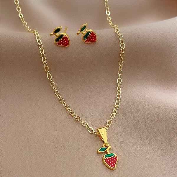 COLAR E BRINCO KIT INFANTIL MORANGUINHO DELICADO FOLHEADO A OURO 18K⭐