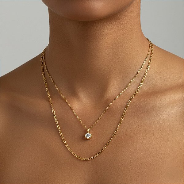 COLAR CORRENTE DUPLA CLÁSSICA PONTO DE LUZ ZIRCÔNIA DOURADO AÇO 316L⭐️