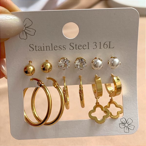 BRINCO KIT ARGOLINHAS TREVO VAZADO, ZIRCÔNIA E BOLINHA DOURADO AÇO 316L⭐️
