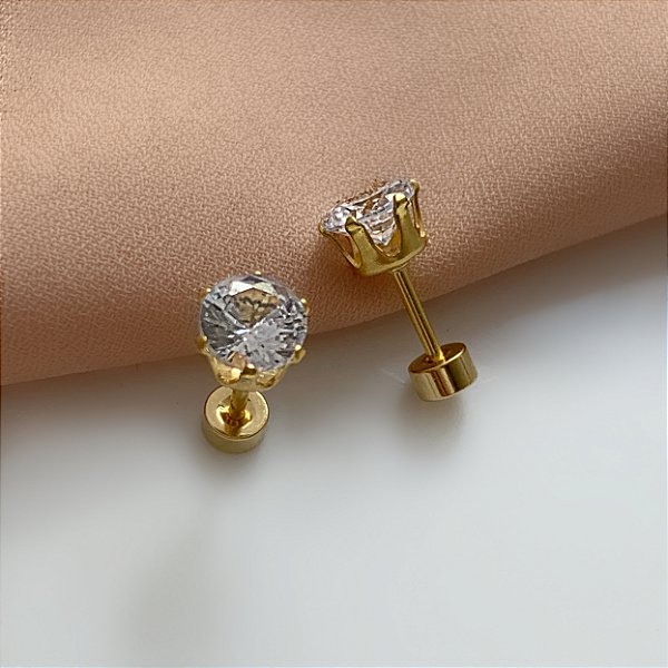 BRINCO PONTO DE LUZ ZIRCÔNIA TARRAXA ROSCA DOURADO AÇO 316L⭐️