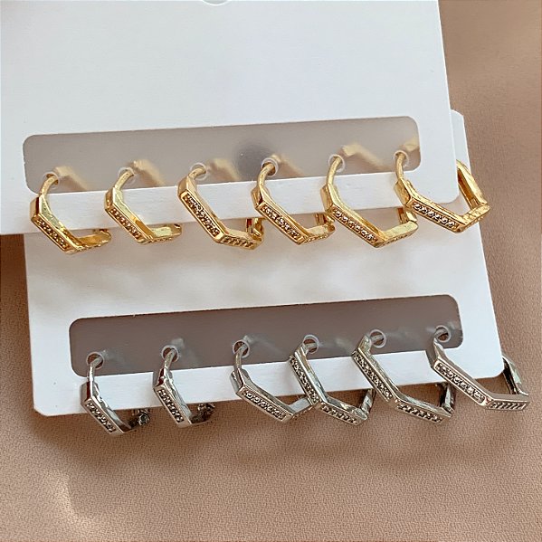 BRINCO KIT ARGOLINHAS HEXAGONAIS ZIRCÔNIAS BIJU