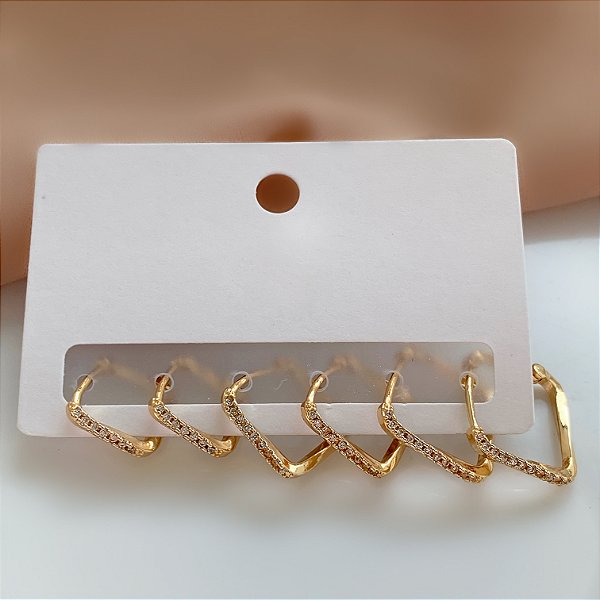 BRINCO KIT ARGOLINHAS QUADRADAS TORCIDAS ZIRCÔNIAS BIJU