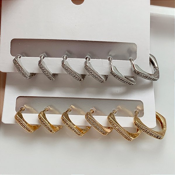 BRINCO KIT ARGOLINHAS QUADRADAS CRAVEJADAS EM ZIRCÔNIAS BIJU