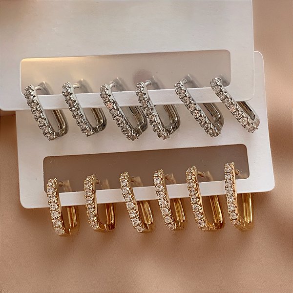 BRINCO KIT ARGOLINHAS RETANGULARES ZIRCÔNIAS LUCIANA BIJU