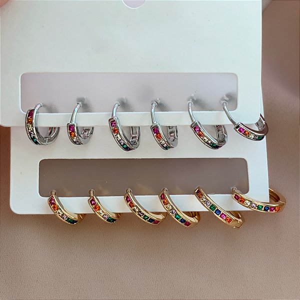 BRINCO KIT ARGOLINHAS ZIRCÔNIAS COLORIDAS LÍVIA BIJU