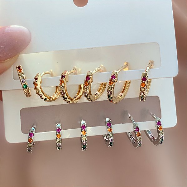 BRINCO KIT ARGOLINHAS ZIRCÔNIAS COLORIDAS LAURA BIJU