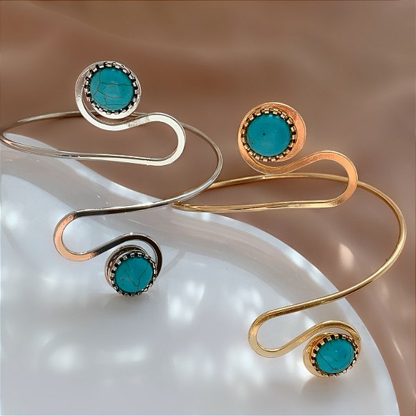 BRACELETE FIO CURVADO PEDRA REDONDA TURQUESA BIJU