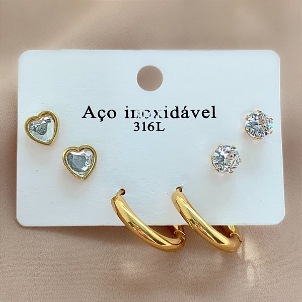 BRINCO KIT ARGOLINHA, CORAÇÃO CRISTAL E PONTO DE LUZ DOURADO AÇO 316L⭐️