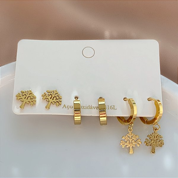 BRINCO KIT ARGOLINHAS ÁRVORE LISA E TEXTURIZADA DOURADO AÇO 316L⭐️