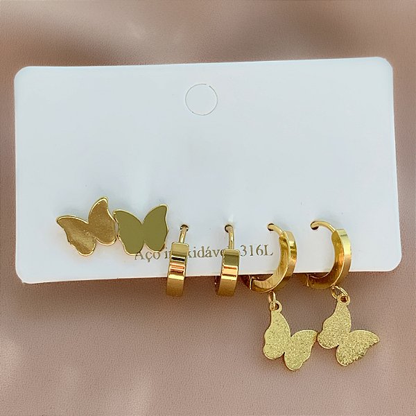 BRINCO KIT ARGOLINHAS BORBOLETA LISA E TEXTURIZADA DOURADO AÇO 316L⭐️