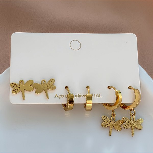 BRINCO KIT ARGOLINHAS LIBÉLULA LISA E TEXTURIZADA DOURADO AÇO 316L⭐️