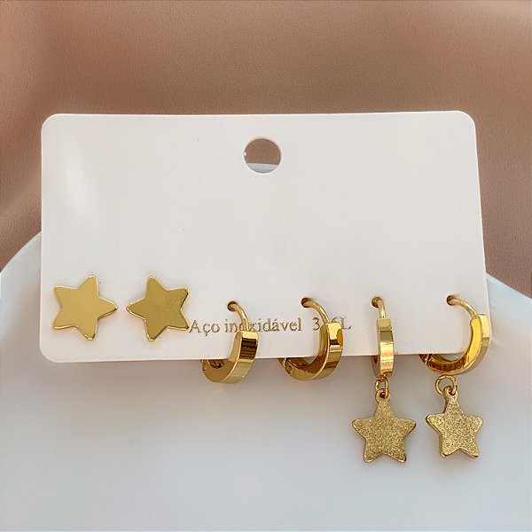 BRINCO KIT ARGOLINHAS ESTRELA LISA E TEXTURIZADA DOURADO AÇO 316L⭐️