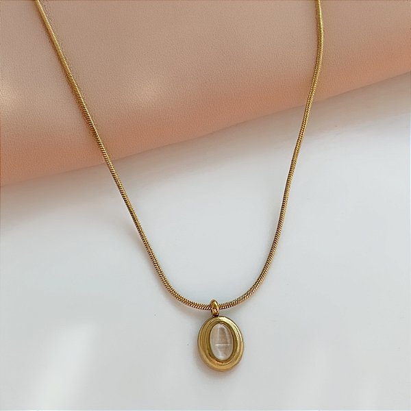 COLAR PINGENTE OVAL PEDRA OLHO DE GATO P DOURADO AÇO 316L⭐️