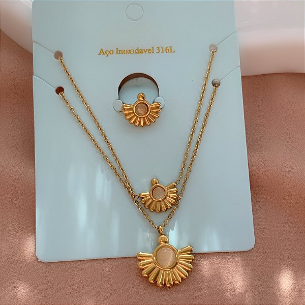 COLAR KIT LEQUE DETALHE PEDRA OLHO DE GATO DOURADO AÇO 316L⭐️