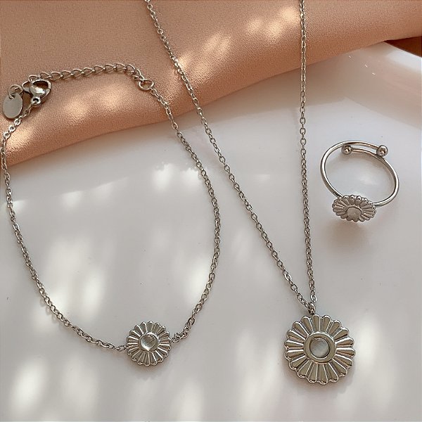 COLAR KIT MARGARIDA BOTÃO PEDRA OLHO DE GATO AÇO 316L⭐️