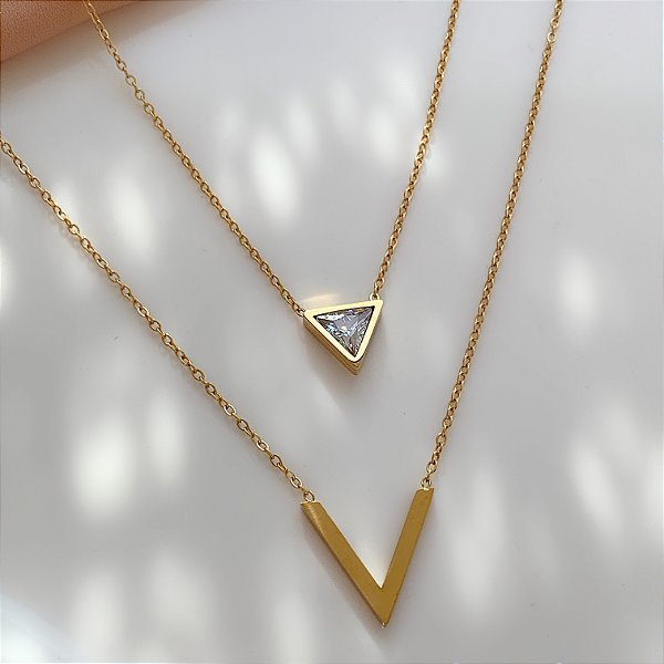 COLAR CORRENTE DUPLA TRIÂNGULO ZIRCÔNIA DOURADA AÇO 316L⭐️