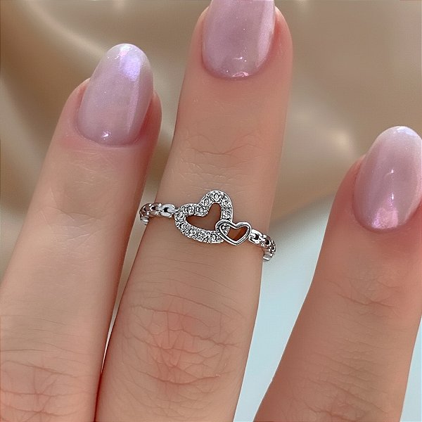 ANEL FALANGE FIO CORRENTE CORAÇÕES ZIRCÔNIAS PRATEADO BIJU