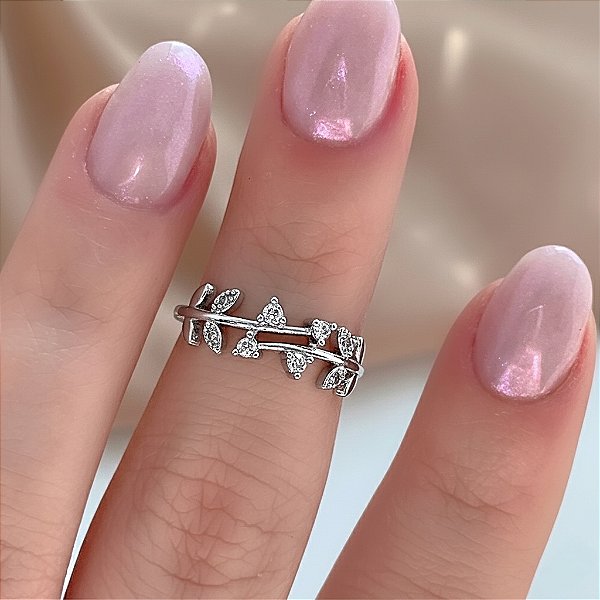 ANEL FALANGE FOLHAS ZIRCÔNIAS PRATEADO BIJU