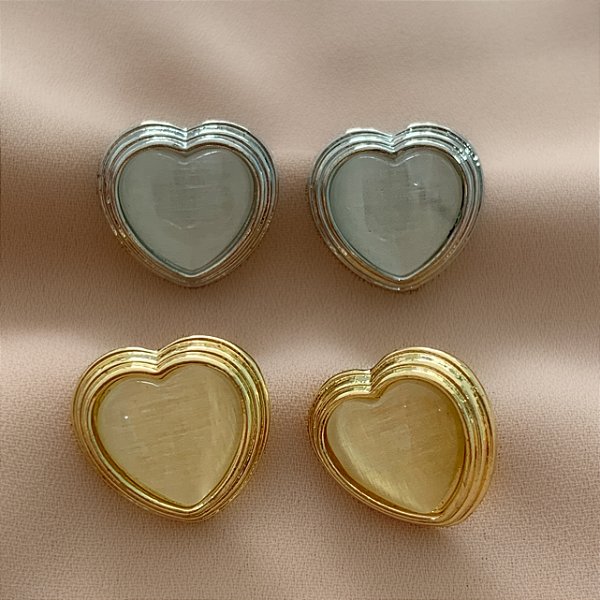 BRINCO CORAÇÃO PEDRA OLHO DE GATO BIJU