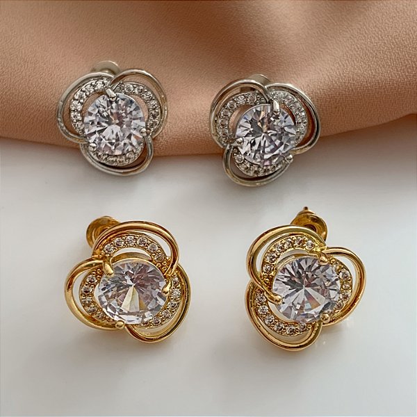 BRINCO FLOR ROSA PEDRAS ZIRCÔNIAS BIJU