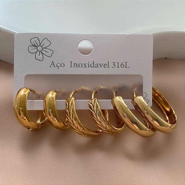 BRINCO KIT ARGOLAS LISAS E DESENHADA DOURADO AÇO 316L⭐️