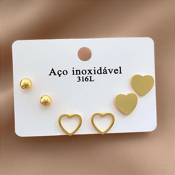 BRINCO KIT CORAÇÕES LISOS, VAZADOS E BOLINHA DOURADO AÇO 316L⭐️