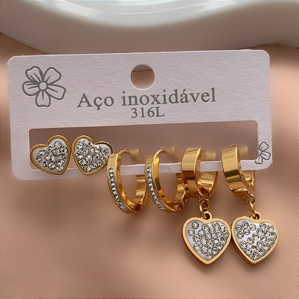 BRINCO KIT ARGOLINHAS CORAÇÕES ZIRCÔNIAS DOURADO AÇO 316L⭐️