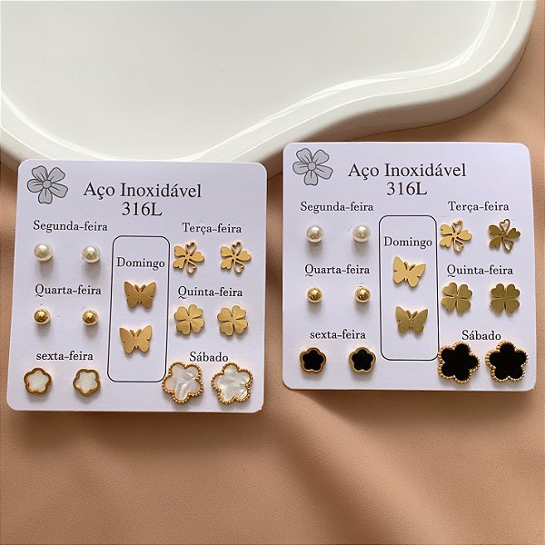 BRINCO KIT DIAS DA SEMANA FLOR RESINADA DOURADO AÇO 316L⭐️