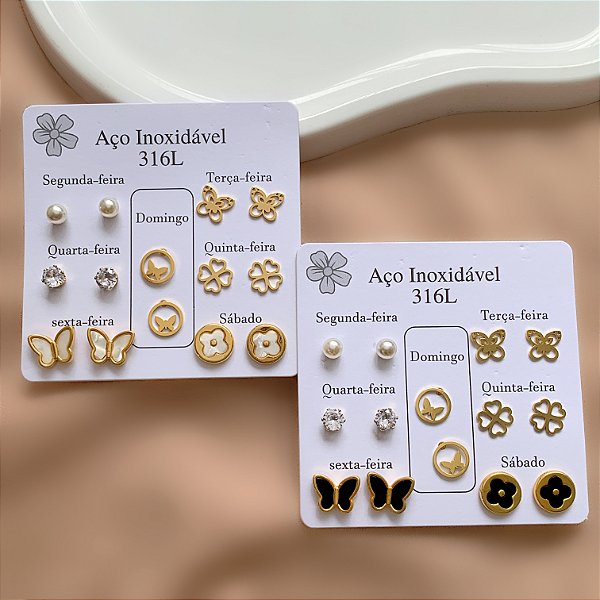BRINCO KIT DIAS DA SEMANA BORBOLETA RESINADA DOURADO AÇO 316L⭐️