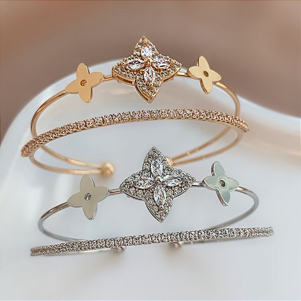 PULSEIRA / BRACELETE FIO ZIRCÔNIA E TREVOS BIJU