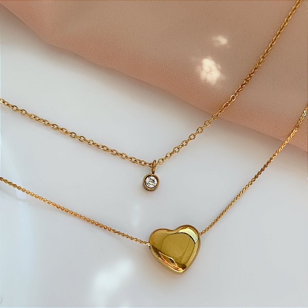 COLAR DUPLO CORAÇÃO E PONTO DE LUZ DOURADO AÇO 316L⭐️