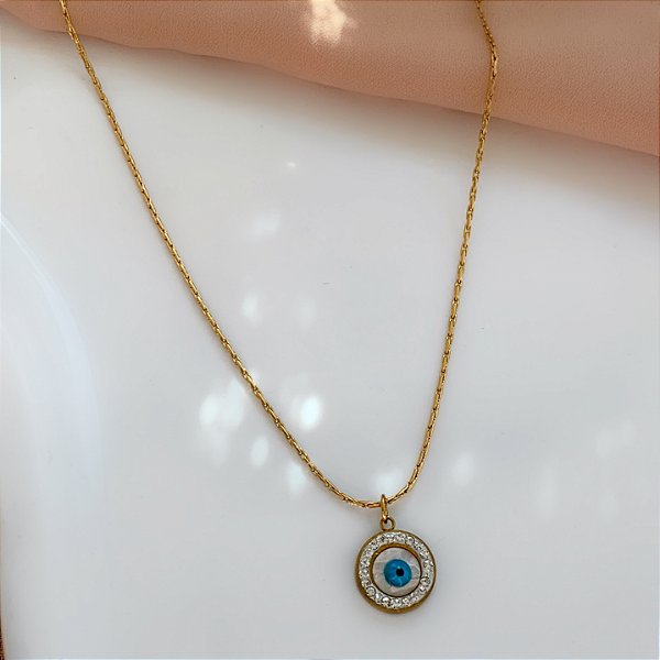 COLAR OLHO GREGO COM STRASS DOURADO AÇO 316L⭐️