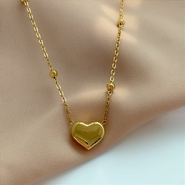 COLAR CORRENTE BOLINHA E PINGENTE CORAÇÃO LISO DOURADO AÇO 316L⭐️