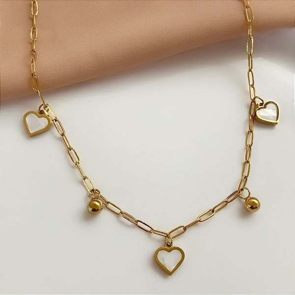 COLAR PINGENTES CORAÇÕES RESINADOS E BOLINHAS DOURADO AÇO 316L⭐️